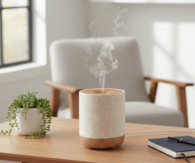 A modern diffuser emits steam connected a woody desk, with a plant, book, and seat successful the background, suggesting a serene location setting