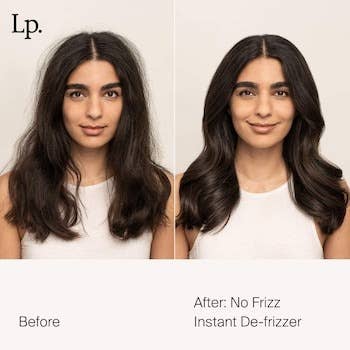 Before and after photos of a model, left with frizzy hair, right with smooth hair