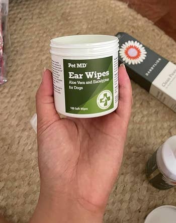 A reviewer holding the container of wipes showing the label