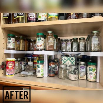 Organized pantry shelves with labeled jars and containers, earlier  and aft  statement   shown