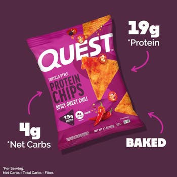Quest Tortilla Style Protein Chips successful Spicy Sweet Chili flavor, featuring 19g protein, 4g nett carbs, and baked for healthier snacking