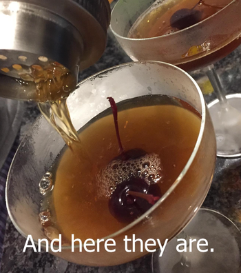 closeup of drinks being poured and the words here they are