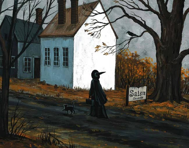 back of person in witches hat and black outfit walking into salem with black cat 