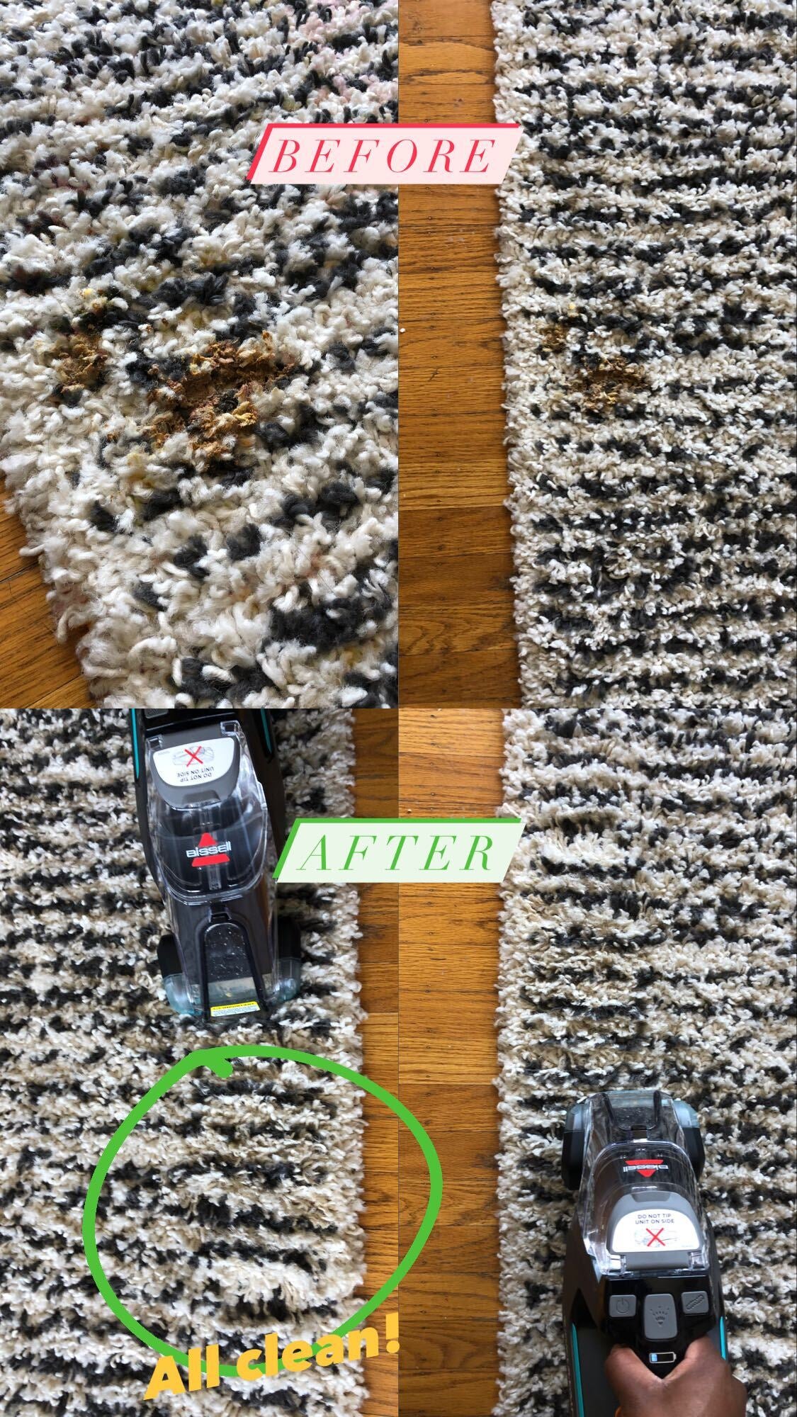 Amanda shows her carpet before with a big stain, and after with the white and gray carpet totally clean. It reads