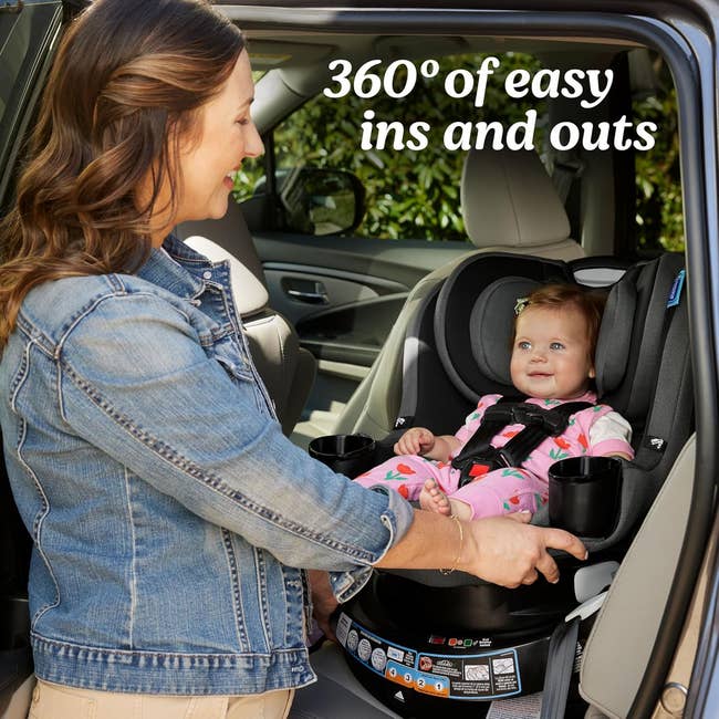 Woman placing a kid successful a rotating car spot wrong a vehicle. Text reads,