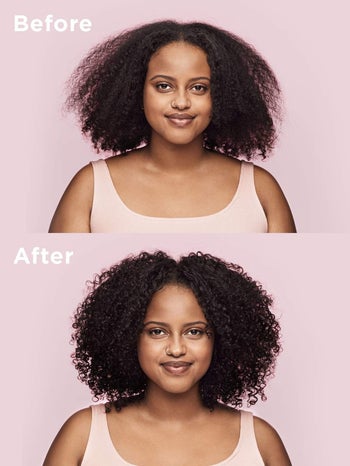 model with dry frizzy hair and then smooth styled hair after using the hair mask