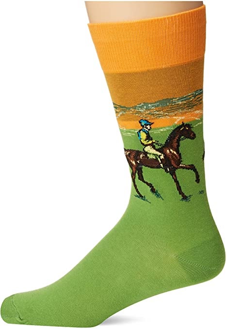 green dress socks with a jockey on a horse on them