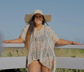 different reviewer posing in cover-up