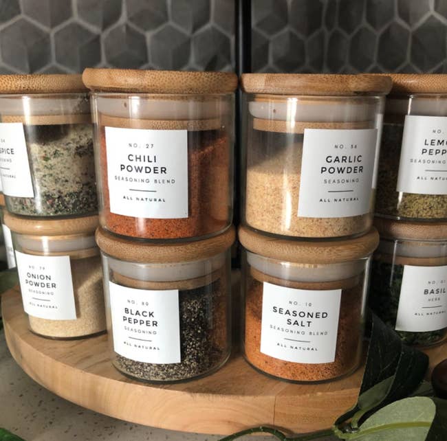 Reviewer's spices in the canisters with labels on them 