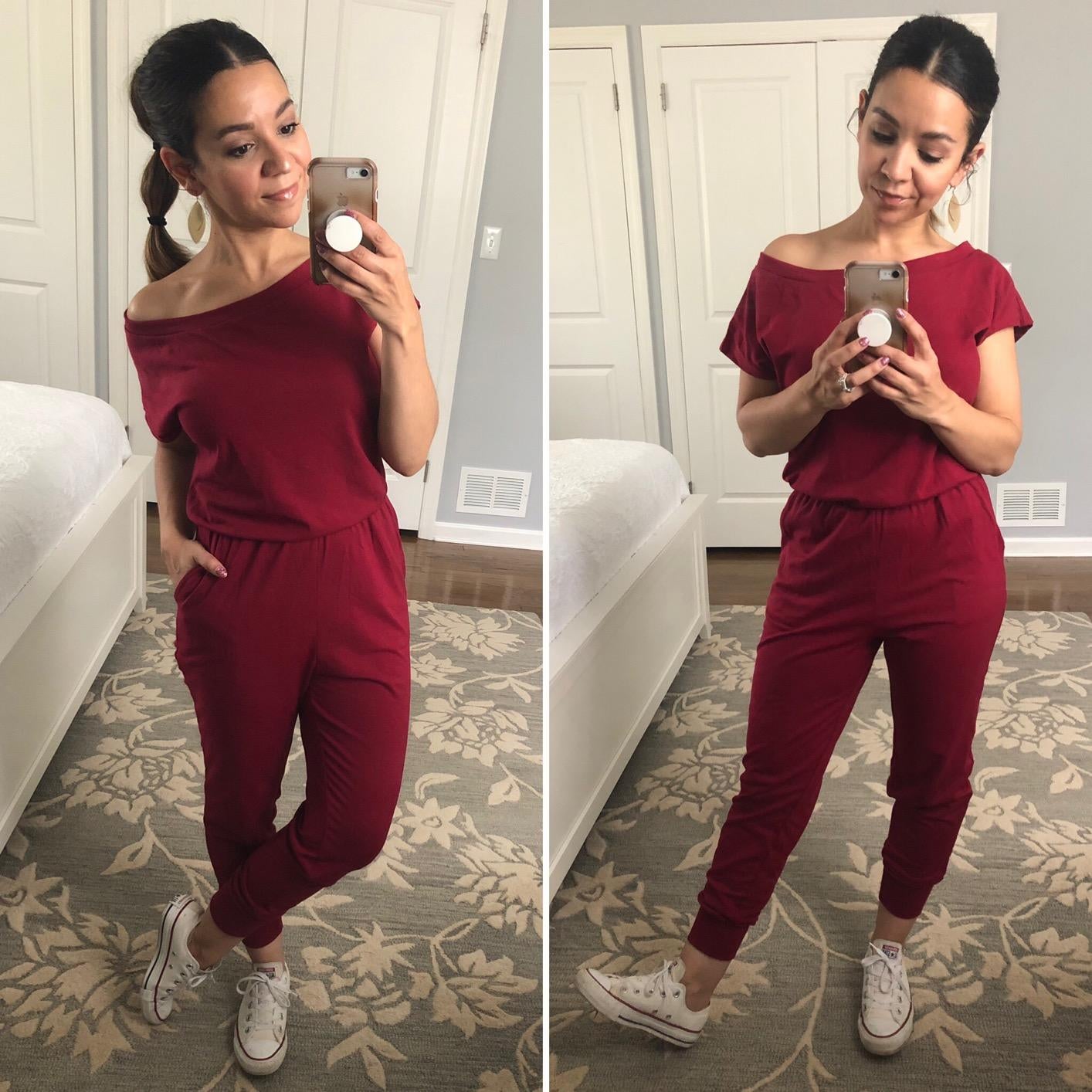 side by side images of a reviewer wearing the red color short-sleeve jumpsuit with white low-top converse sneakers