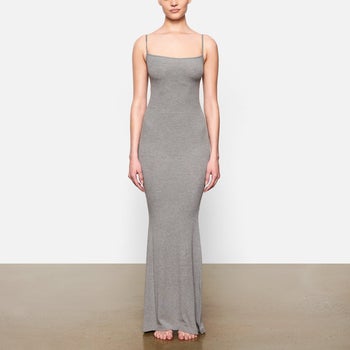 model wearing grey dress