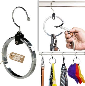 Multipurpose metal hanger organizer displayed alone and in use holding various items including belts and scarves