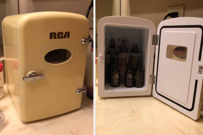 Reviewer image of yellow mini fridge on counter, interior view of product with bottles 