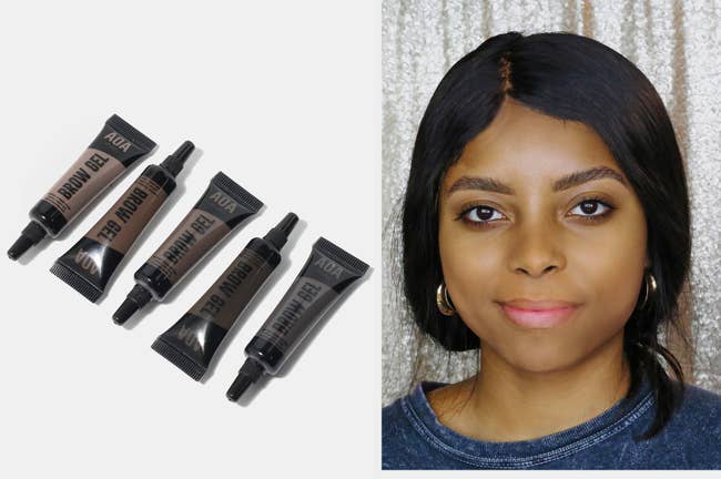 Two images of the brow gel and model wearing it