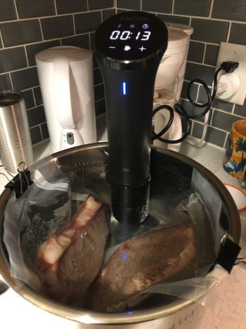 A pot of meat with the sous vide pressure cooker inside