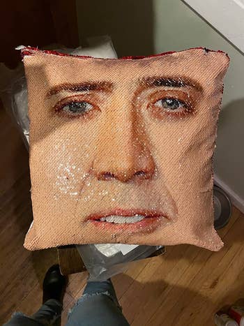 reviewer image of the nicolas cage pillowcase