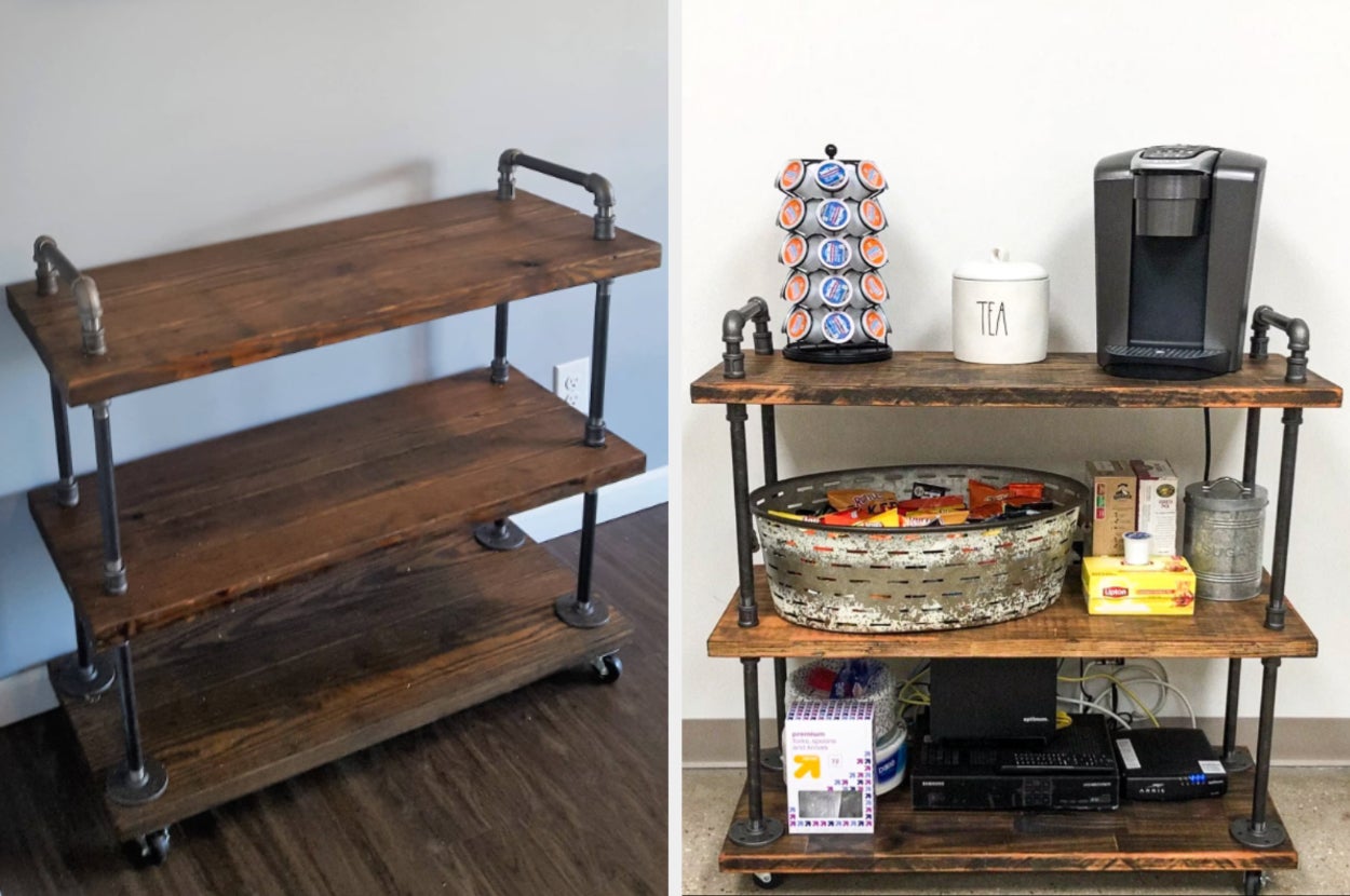 Three brown wooden shelves with industrial black pipe foundation on a hardwood floor, product against a white wall with coffee machine and coffee, tea, and snacks