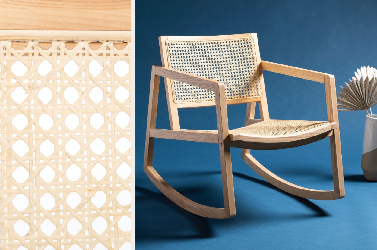 Close up of natural wicker on a light wooden backing, natural wooden short rocking chair with straight-lined arms, curved legs, and a wicker woven seat and backing