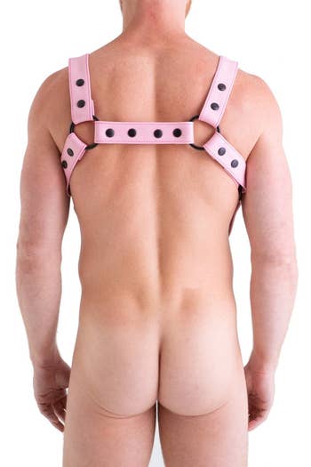 back view of the model in the pink harness