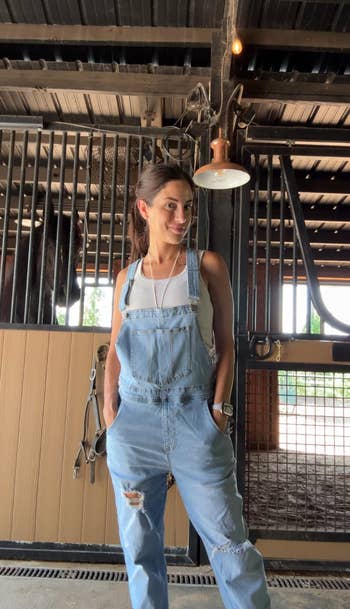 A idiosyncratic stands successful a unchangeable wearing distressed denim overalls and a achromatic top, with a equine disposable down them successful the stall