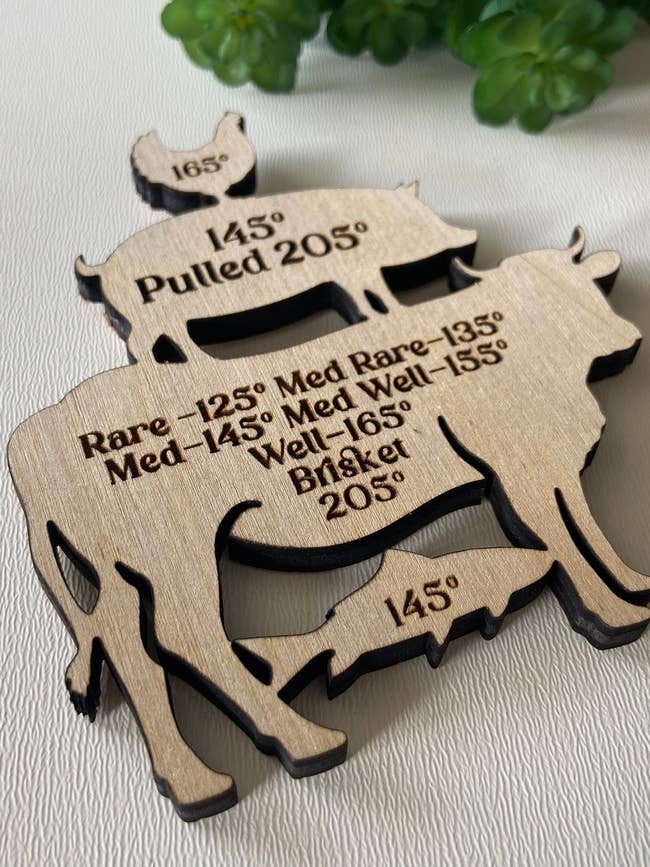 Wooden steak temperature gauges with cut-out text for grilling meat to desired doneness