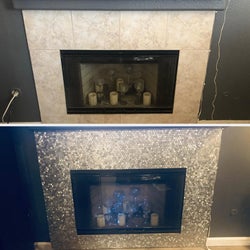 a before and after photo of a reviewer's fireplace with the mosaic backsplash tiles on it