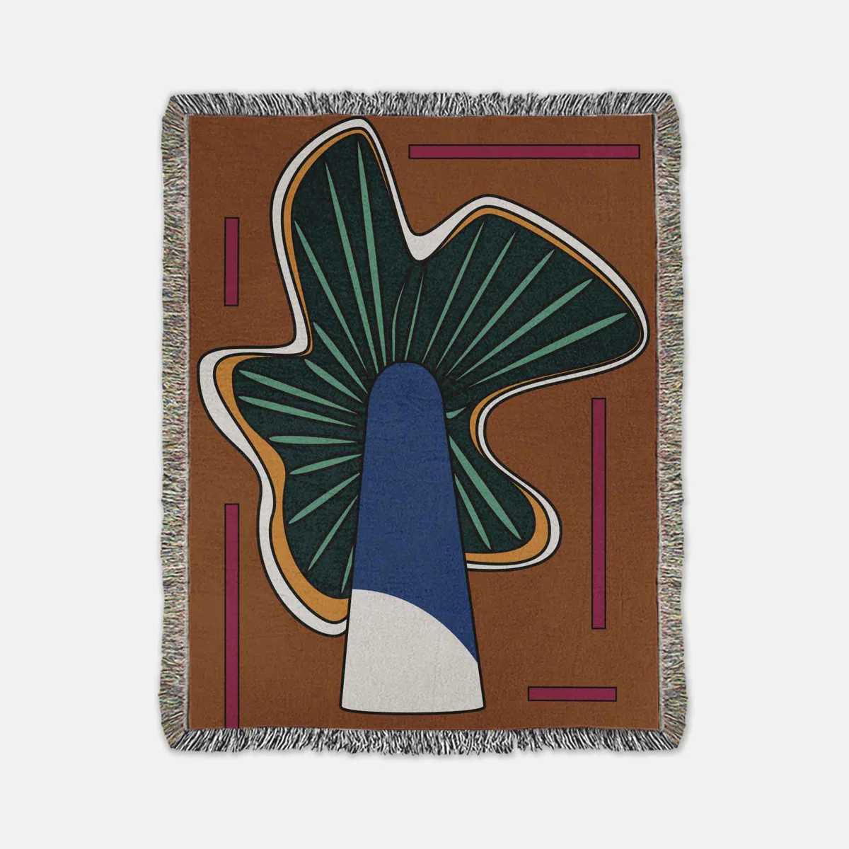 Abstract geometric plan  connected  a woven broad  with fringed edges, featuring bold shapes suitable for location  decor