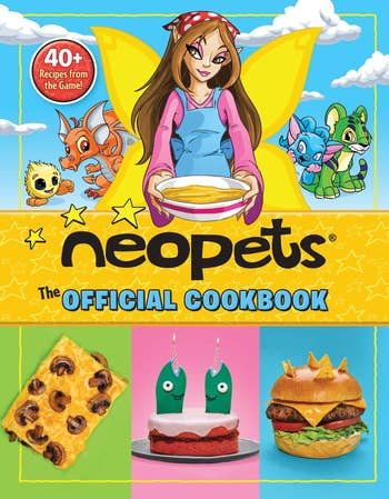 the cover featuring an illustration of neopets with the soup faerie and pictures of food including a mushroom omelette that looks like just the game