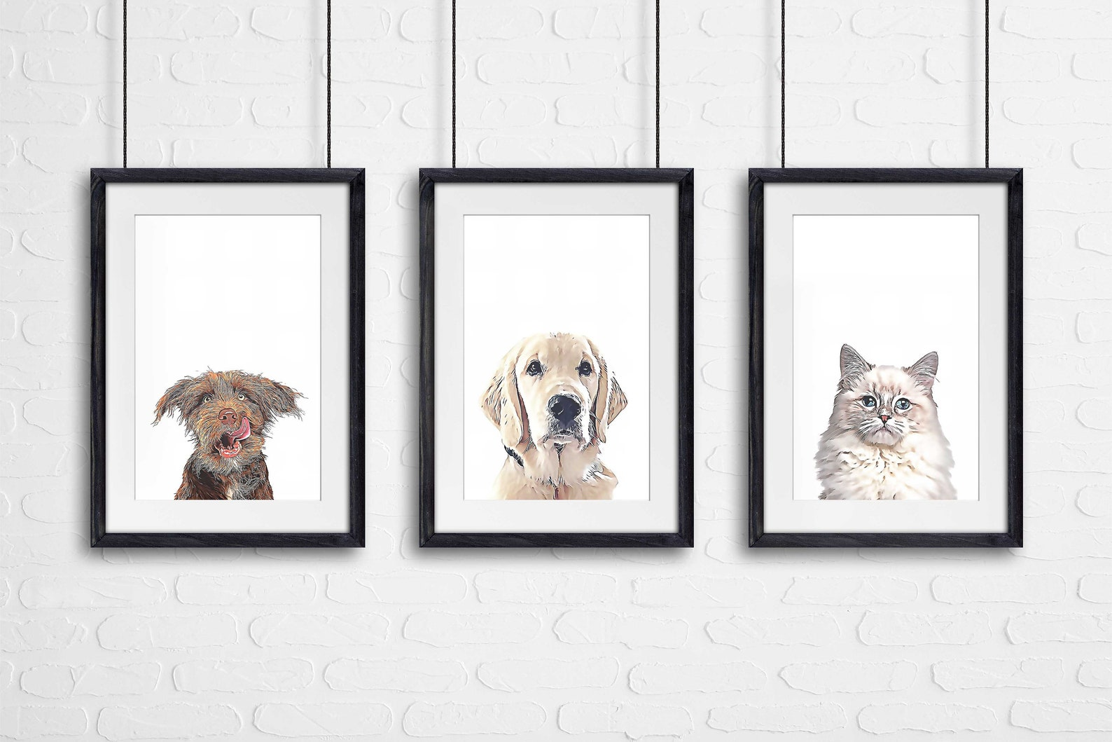 three pet portraits hanging on a wall of two dogs and one cat