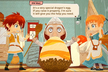 a screenshot from the game showing a young boy and girl standing next to a large egg and an old man saying 