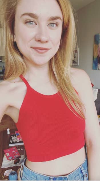 person wearing red crop top