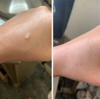 a reviewer shows the sunscreen rubbed in, with no white cast