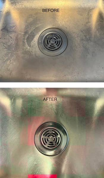Before and after images showing a sink with improved shine and cleanliness after using a cleaning product