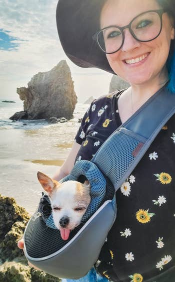 reviewer with dog in sling carrier on beach
