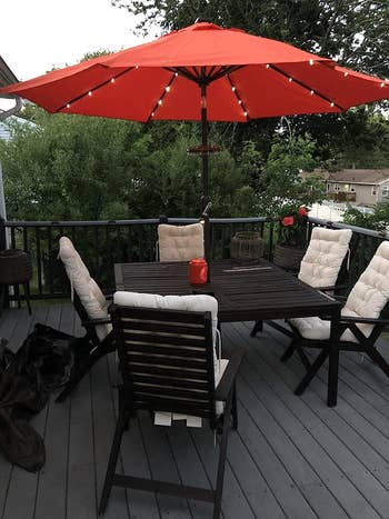 umbrella open above reviewer's patio table and chairs 