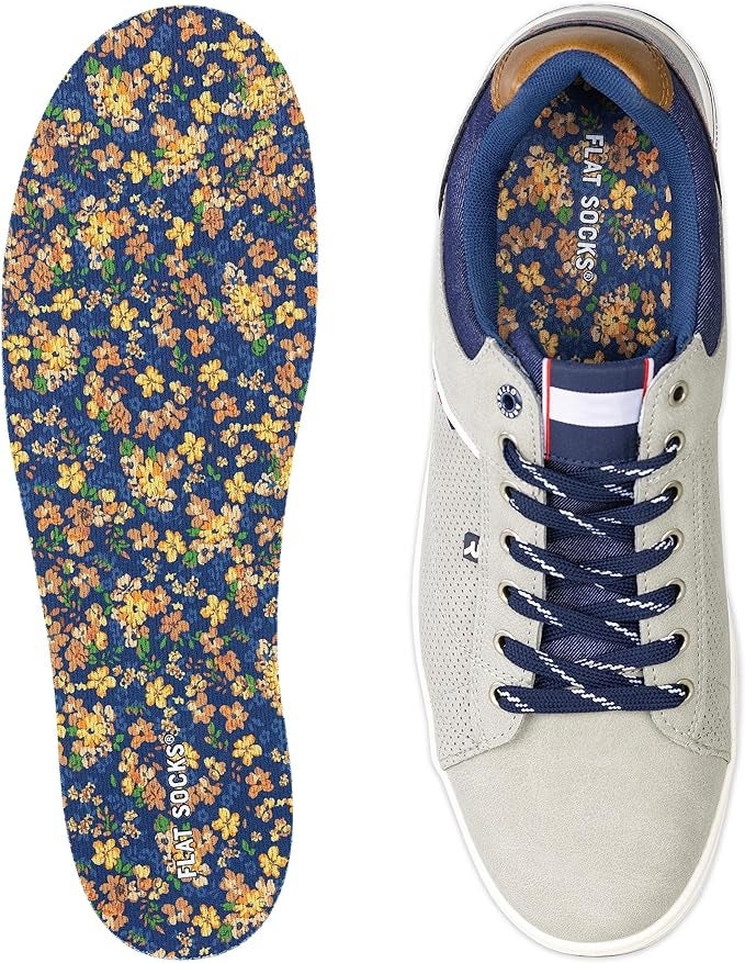 One shoe with floral insole next to its matching sneaker