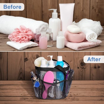 before-and-after photo showing lots of shower supplies (top) and same supplies neatly organized in compact black shower caddy (bottom)