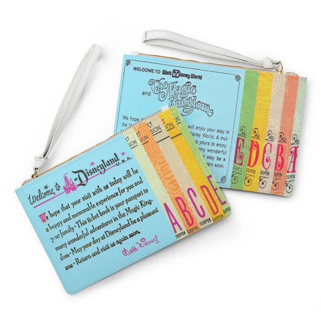 a zippered pouch with a walt disney world ticket design and quote on one side and disneyland on the other