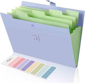 purple accordion folder open showing five slots for documents and color-coded labels