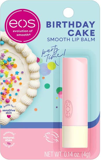 EOS Birthday Cake Smooth Lip Balm packaging with colorful confetti design. Text highlights ingredients and weight