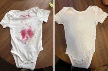 1 with a reddish stain and 1 clean, showcasing a laundry detergent's cleaning effectiveness