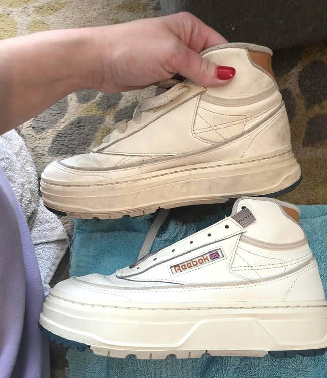 Two sneakers, 1 inactive brownish with ungraded and grime, the different aft cleaning, achromatic and similar new