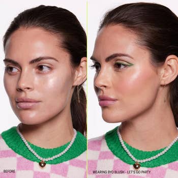 model with before and after views of them wearing the pink tinted blush oil