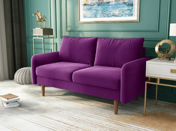 a purple velvet loveseat