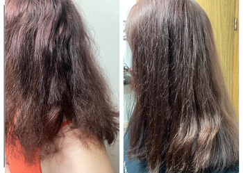 to the left, an image of brown hair and to the right, a gif of that same brown hair looking less frizzy and more shiny