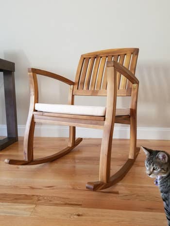 Reviewer image of bottom side view of product with wooden arms and legs on a hardwood floor next to a cat
