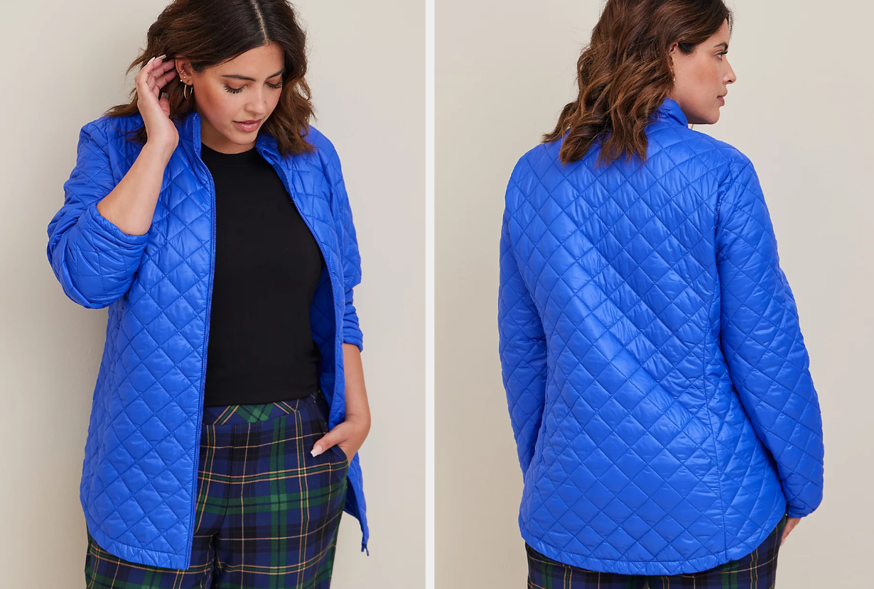 Two images of a model wearing the blue jacket