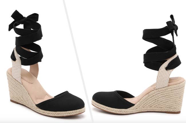 Two images of the black espadrille sandals