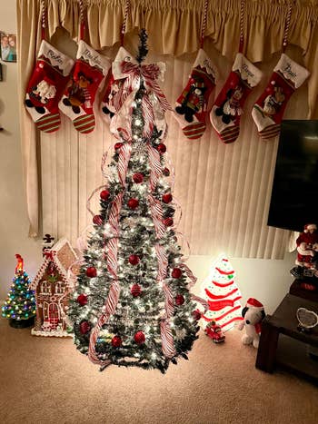 Festively decorated Christmas histrion with stockings hanging above, surrounded by vacation decorations including a gingerbread location and snowman