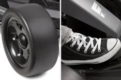 Split image of black tire and child's sneaker of pedal